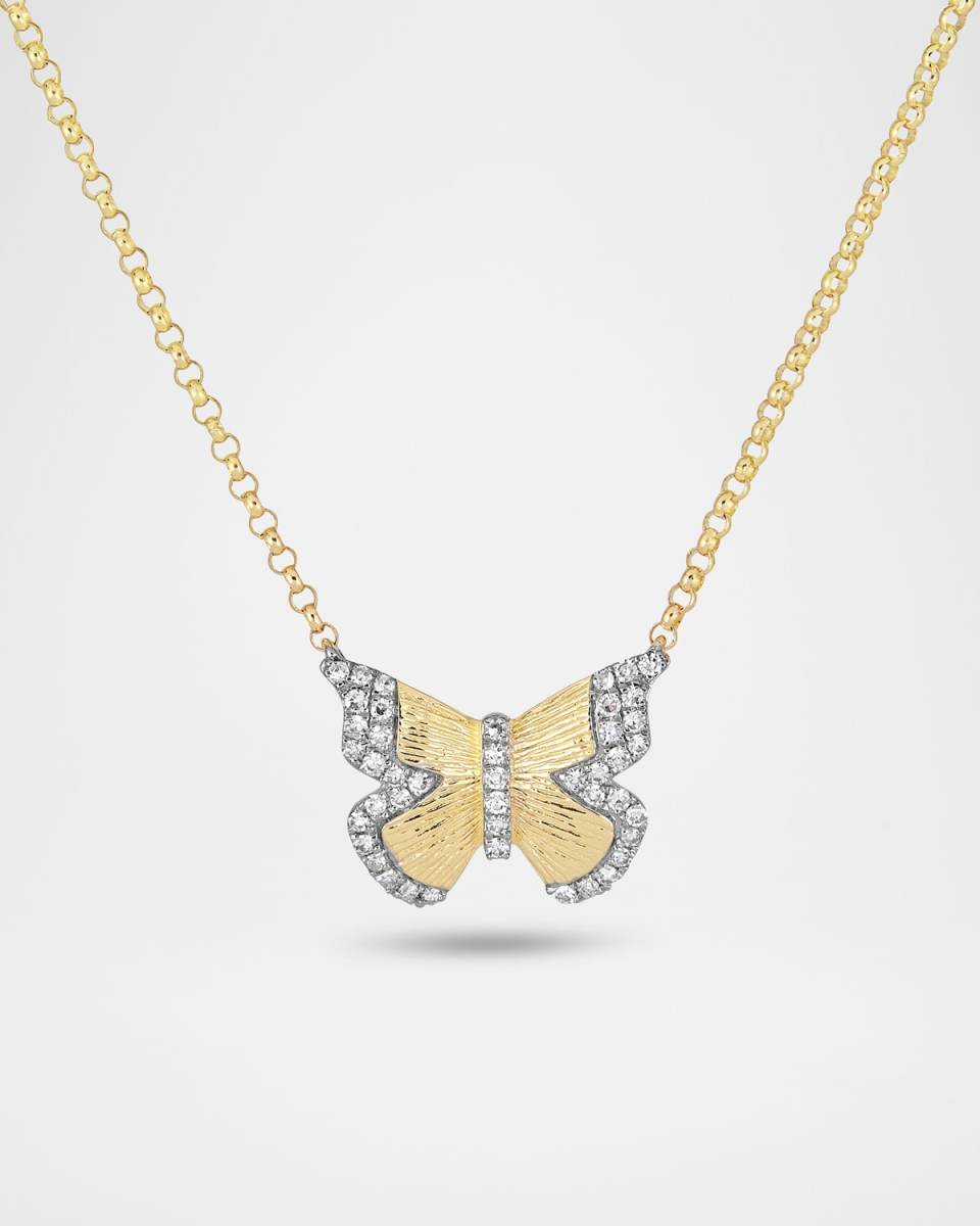 14K Yellow Gold Pave Diamond Butterfly Necklace